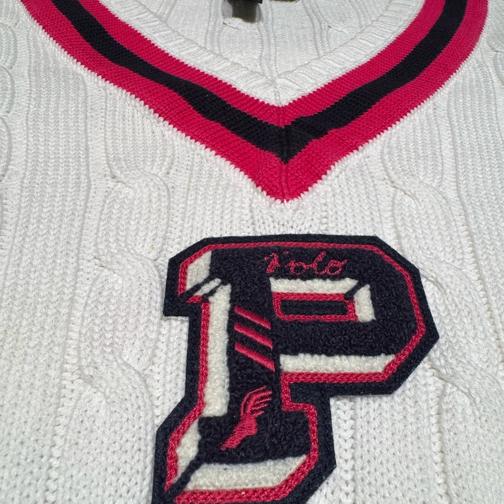 White Sweater with Pink and Navy Stripes